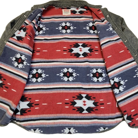 Levi's Fleece Lined Western Shirt Jacket Gray Aztec Shacket L - Picture 2 of 9